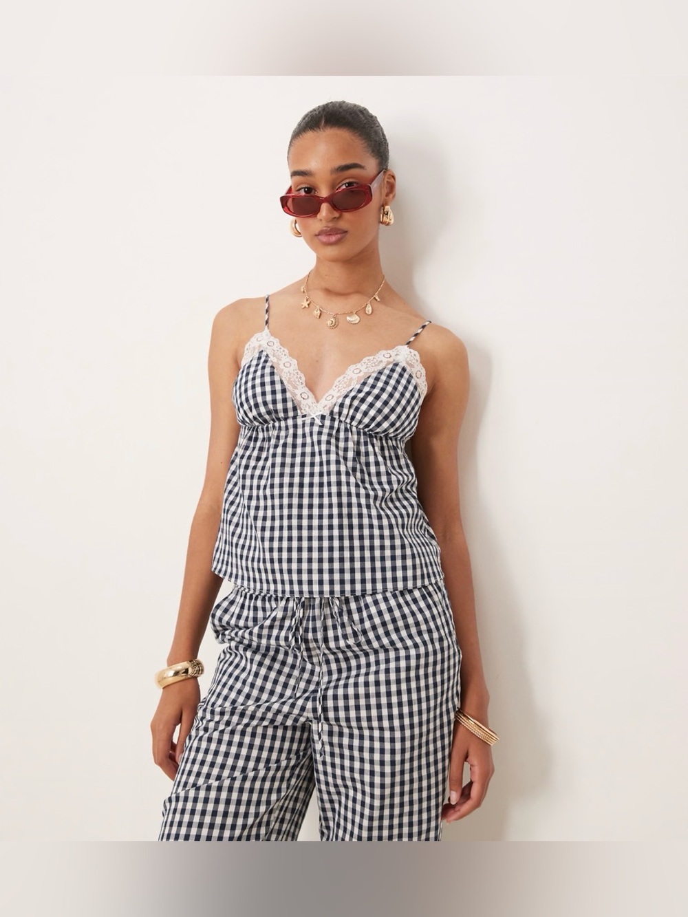 NWT Nia kendra gingham cami top in navy, Size M